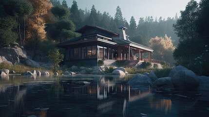 Beautiful villa on the lake with mountains in the background, 8k, generative ai