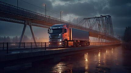 A long -range cargo truck rides along the bridge in sunset, 8k, generative ai