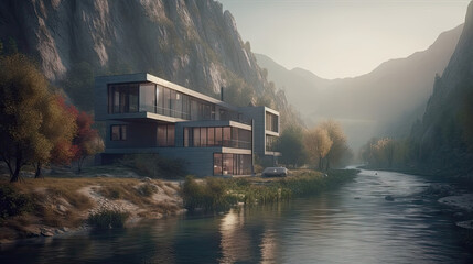 Beautiful villa on the lake with mountains in the background, 8k, generative ai