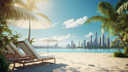 deck chair with an umbrella on a beautiful idealistic sandy beach with palm trees, sea and grid in the distance, 8k, generative ai