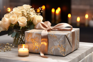 Craft beige gift box with beige bow, roses and candles in interior. Generative AI