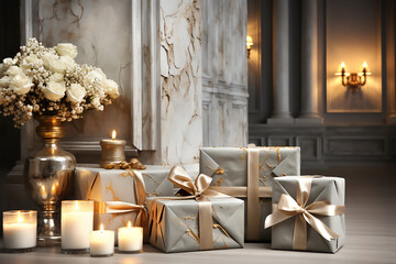 Craft gray gift box with beige bow, roses and candles in antique interior. Generative AI