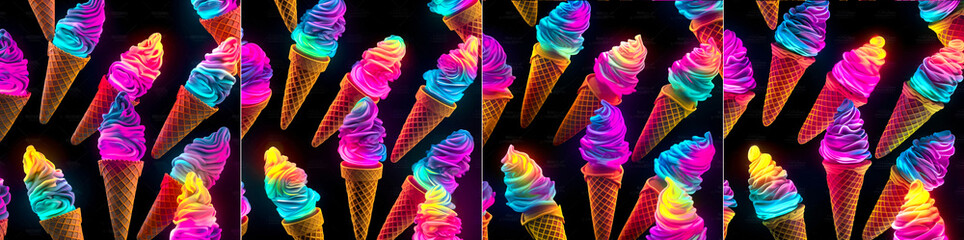 Cartoon style 3D illustrations of ice cream cones High resolution and high quality images Glowing neon yellow, pink and orange colors Repeating seamless pattern for design purposes