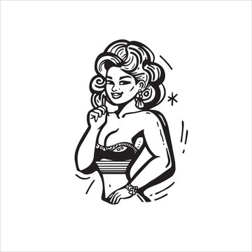 Pin up girl holding a pen. Black and white illustration in doodle style. Vintage poster, postcard.