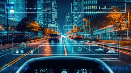 Self Driving Autonomous Driving cars with ADAS technology, Futuristic artificial intelligence automotive technology concept