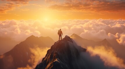 A mountain climber celebrating success on the peak of a mountain ,Generative AI.