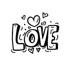 In this black and white doodle, the word 'love' is embraced by a swirling collection of hearts, symbolizing the boundless affection that fills our hearts. Vector illustration.