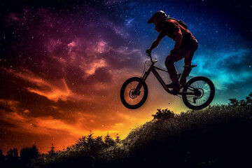 Naklejka premium silhouette of a cyclist on a sunset generative AI