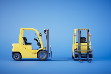 The concept of working on a forklift. Loader for transporting parcels on a blue background. 3D render