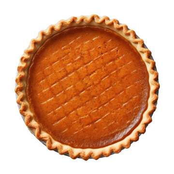 A full pumpkin pie seen from above, top view isolated on a transparent background
