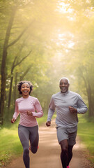 Happy senior couple running in sunny summer forest, AI generated