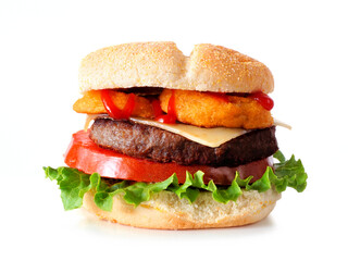 Onion ring hamburger. Side view isolated on a white background.