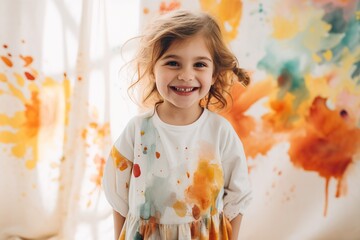 A young girl in pastel clothing stands in a school setting, smiling joyfully as she captures a moment of innocence and childhood wonder, painting class