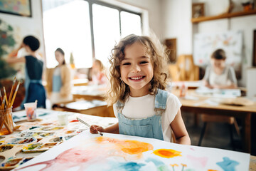A joyful young girl smiles brightly in her school uniform, surrounded by pastel walls and filled with hope for her future education