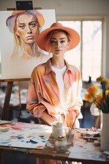 A stylish woman wearing a pastel fedora stands confidently in a classroom, surrounded by art, furniture, and pupils, as if to emphasize the power of fashion and education, painting class - obrazy, fototapety, plakaty