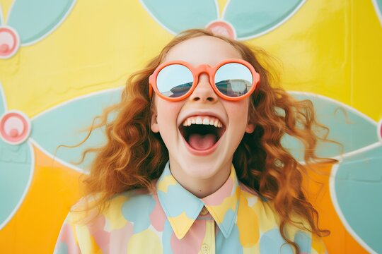 A student in her school uniform of pastel colors and yellow goggles, with her bright red hair and orange sunglasses, smiles confidently as she stands ready to embrace her educational journey