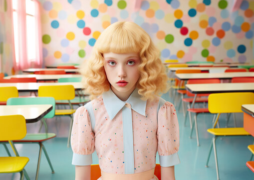 A young girl in pastel clothing sits in a brightly-lit classroom surrounded by desks and chairs, embodying the innocence of childhood and the promise of education