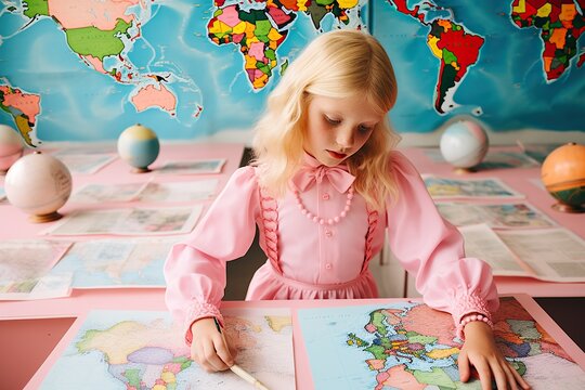 A student in a pastel pink dress stands proudly in her  geography class classroom, a symbol of the power of education and an embodiment of youthful innocence