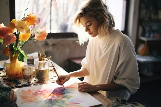 A woman in a school classroom, surrounded by colorful pastels and bright flowers in a vase, creates an artistic masterpiece on a table beneath a window, symbolizing the power of education