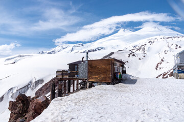 Elbrus / Russia - June 2023: Wooden house in mountains