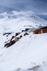 Elbrus / Russia - June 2023: Wooden house in mountains