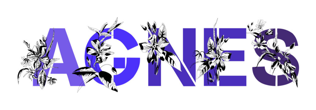 Woman's name Agnes. Font composition named AGNES. Decorative floral font. Typography in the style of art nouveau, modern, vintage.