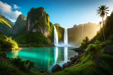 beautiful waterfall in the lake with beautiful sunrise-generated Ai