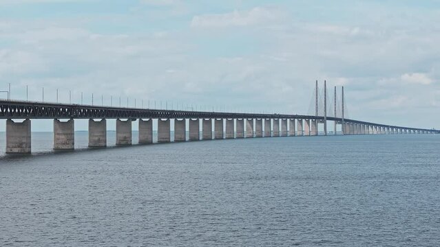 Panoramic aerial close up view of Oresund bridge over the Baltic sea between Malmo city in Sweden and Copenhagen in Denmark.