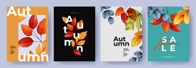 Set of trendy minimal autumn posters or covers with bright beautiful leaves and modern typography. Fall background, Sale banner, or flyer design. Template for advertising, web, social media - obrazy, fototapety, plakaty