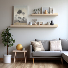 Two floating decorative wall shelves. Generative AI photos.