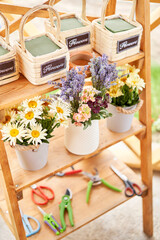 Master class on making bouquets. Spring bouquet in wicker basket. Learning flower arranging, making beautiful bouquets with your own hands