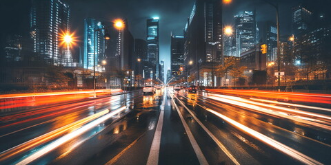 Fototapeta na wymiar evening city blurred light ,car traffic , high buildings, New York background template 