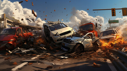 Collision of many cars on the highway. Accident. AI generation