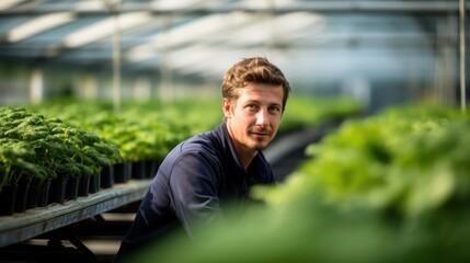 Portrait of a handsome smiling worker in uniform standing in the greenhouse with a green plantation in the background. Generative Ai.