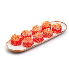 baked roll with Rice, Nori, Salmon, Cucumber, Masago Roe on white background for restaurant menu