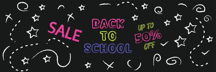 Welcome Back to school horizontal banner. Poster or banner back to school. Sale 70% off back to school. Discounts. Back to school chalkboard with chalk drawings. Neon chalk on chalkboard. Banner for w