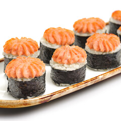 Sushi Baked Roll with mussels, Rice, Nori, Cheese, Salmon, Cucumbers, Mussels on white background