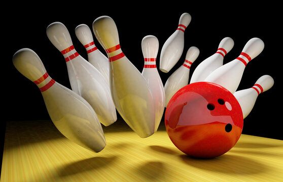 bowling skittles and bowling ball red. 3D render