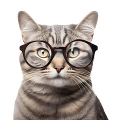 Portrait of a cat wearing glasses. Isolated on white background.