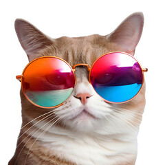 Portrait of a brown cat wearing colorful sunglasses on isolated background