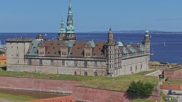 Aerial view of Kronborg castle with ramparts, ravelin guarding the entrance to the Baltic Sea and the Oresund in Helsingor Denmark