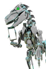 velociraptor robot holding a cellphone side view