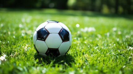 Fototapeta premium Black and white football on green grass