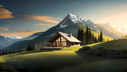 Mountain landscape with modern comfortable house