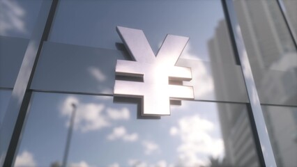 Japanese Yen Sign currency sign on a modern glass skyscraper. Business and finance concept. 3d illustration - obrazy, fototapety, plakaty