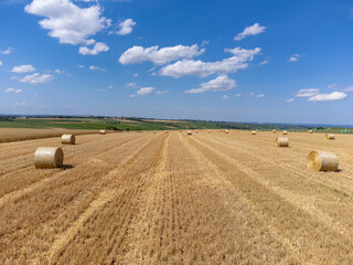 Fototapeta premium Agriculture in France, yellow haystacks on golden wheat field in July