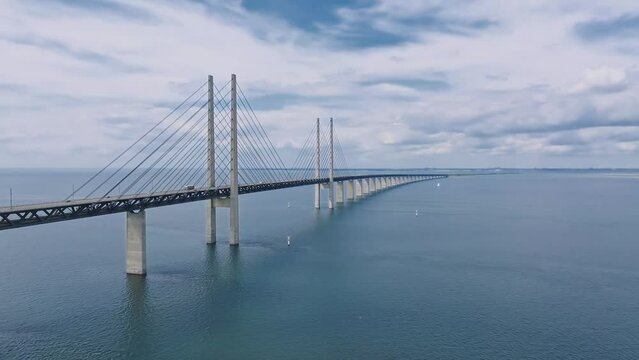 Panoramic aerial close up view of Oresund bridge over the Baltic sea between Malmo city in Sweden and Copenhagen in Denmark.