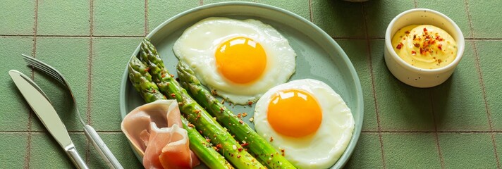 Breakfast fried eggs with fresh asparagus and ham (jamon), herbs in a plate on green background. Delicious hearty brunch.