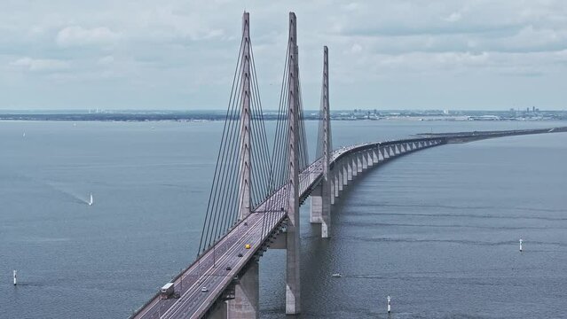 Panoramic aerial close up view of Oresund bridge over the Baltic sea between Malmo city in Sweden and Copenhagen in Denmark.