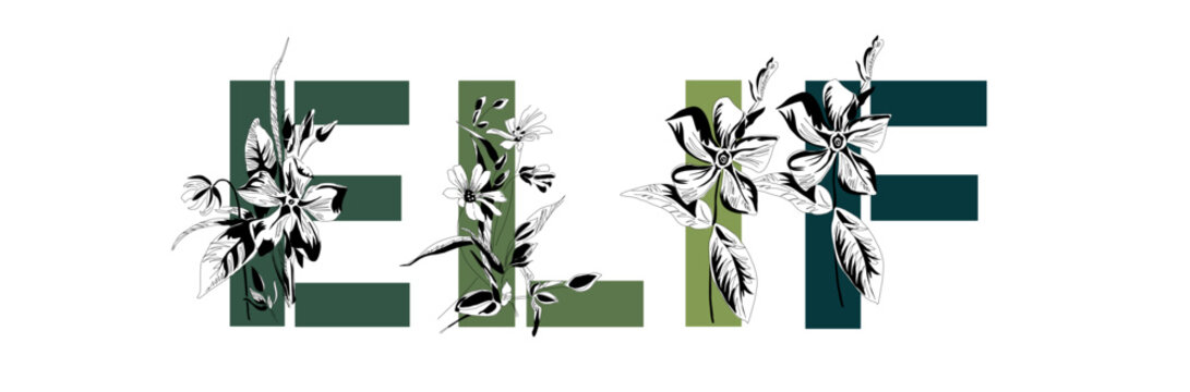 Woman's name Elif. Font composition named ELIF. Decorative floral font. Typography in the style of art nouveau, modern, vintage.